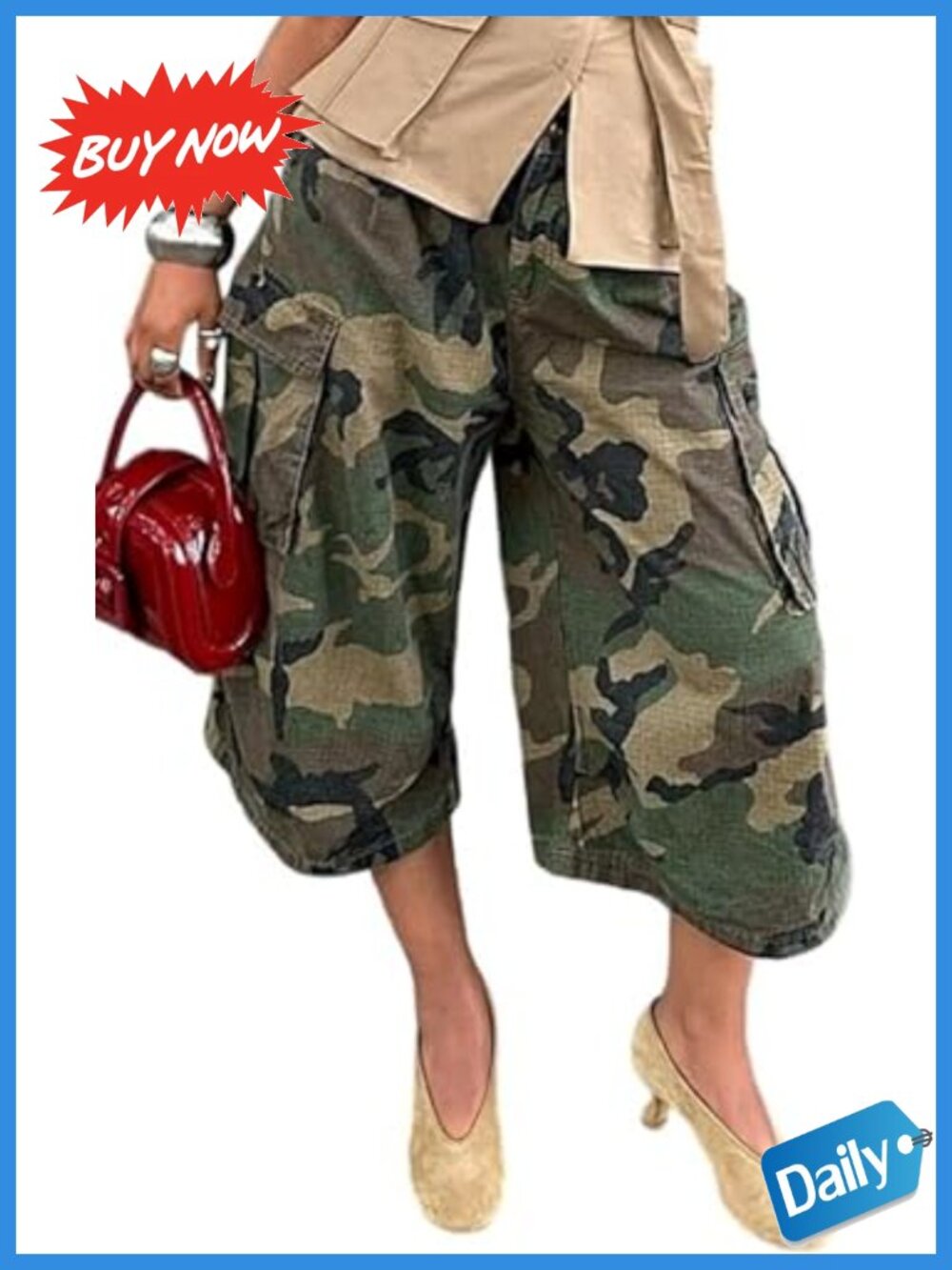 Womens Camo Cargo Pants Polyester Spandex Wide Leg Cropped Outdoor Casual